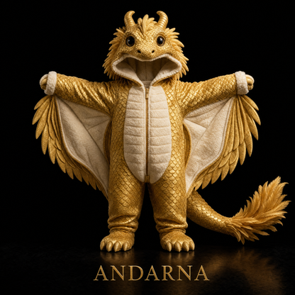 Andarna - gold toddler dragon onesie, feather tail
